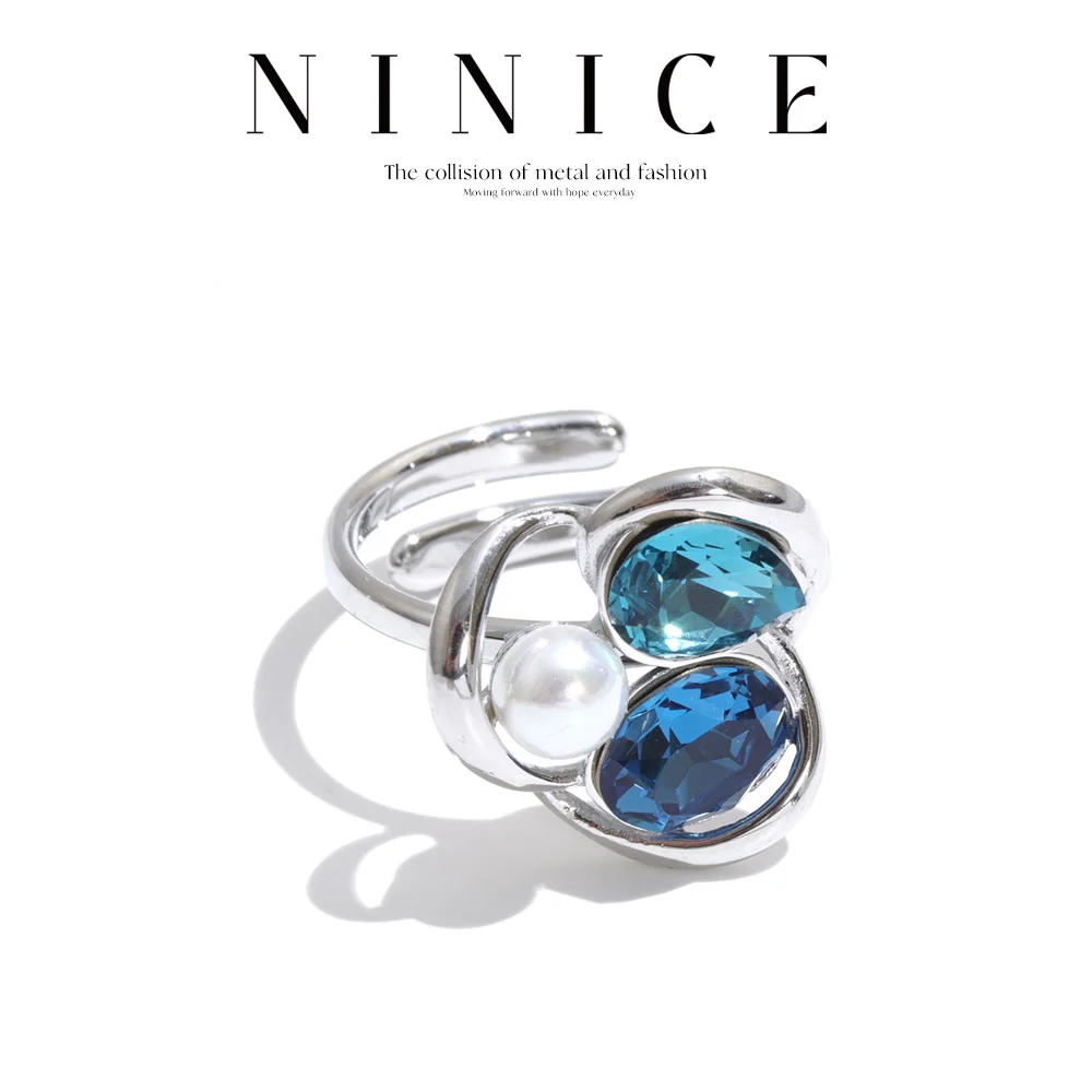 NiNice Stainless Steel Open Adjustable K9 Crystal Ring for Women Statement High Quality Popular Jewelry