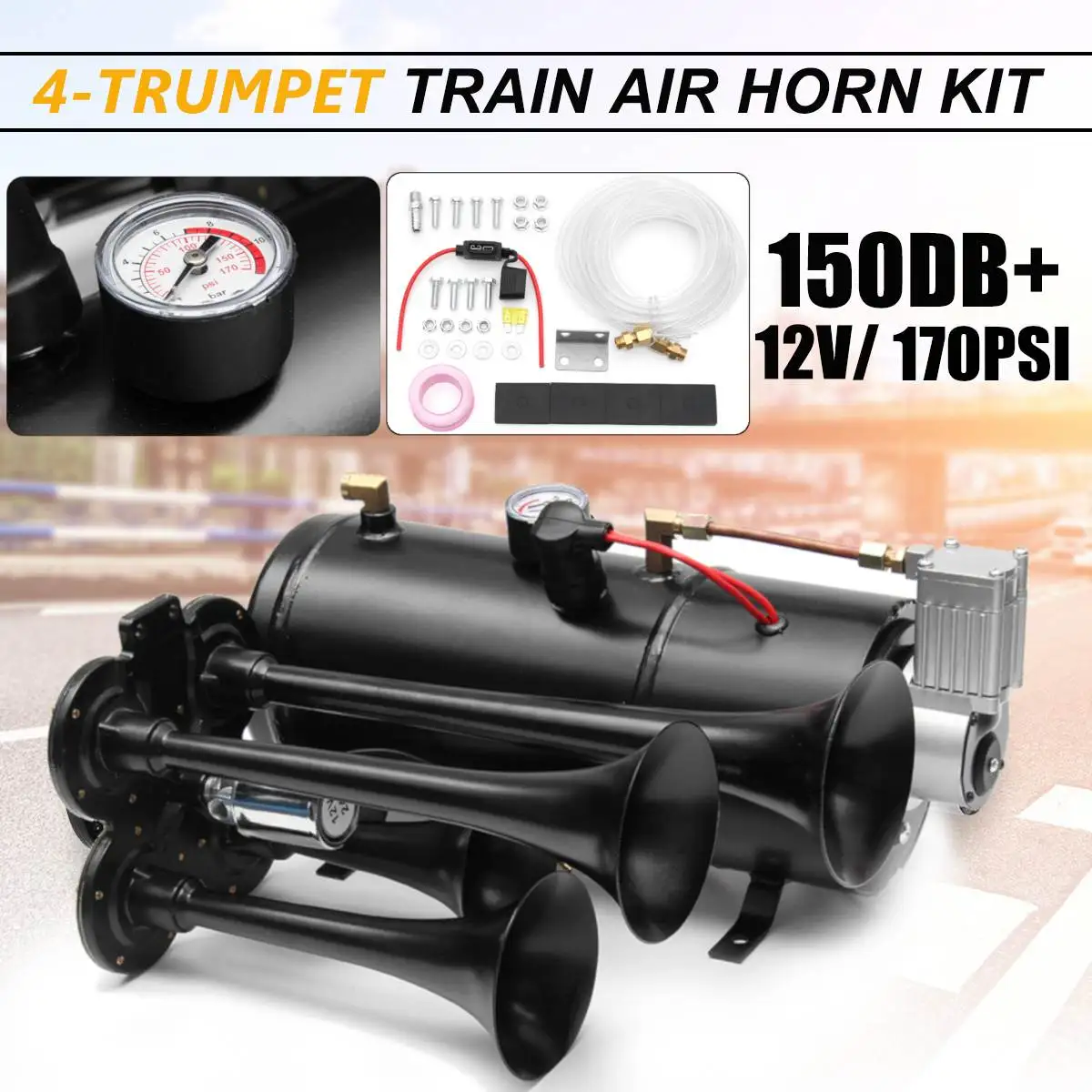 

Truck Train Quad 4 Trumpet Air Horn Kit Black 170 PSI 12V 3Liters Compressor & House 150db