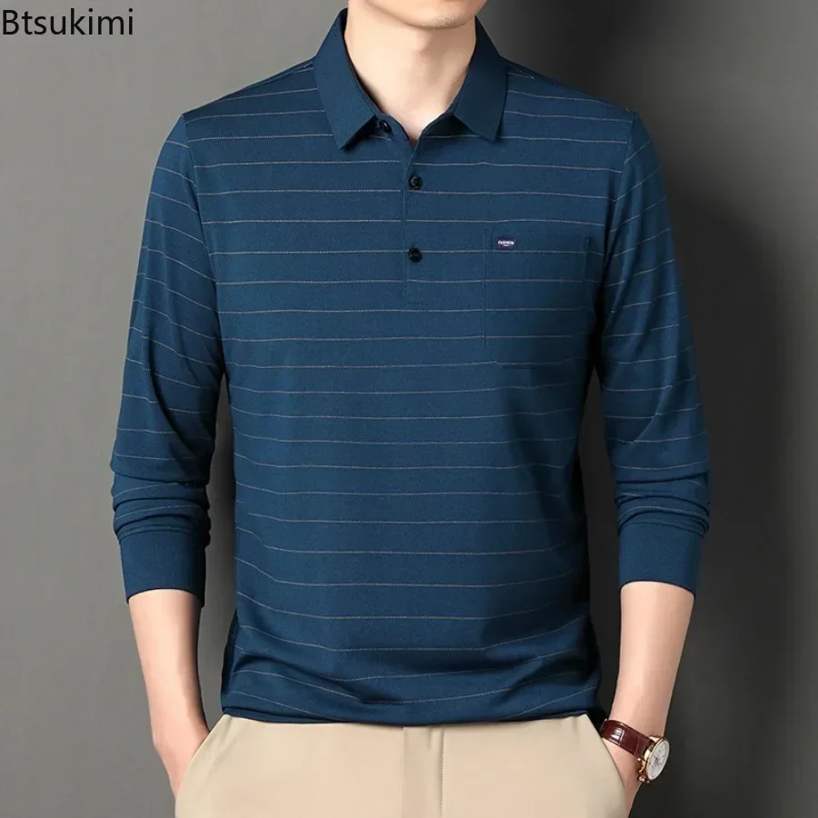 New 2026 Men's Casual Long Sleeve Polo Shirts Striped Loose Formal Business Lapel Button-up T-shirts Middle Age Men Tops Shirts