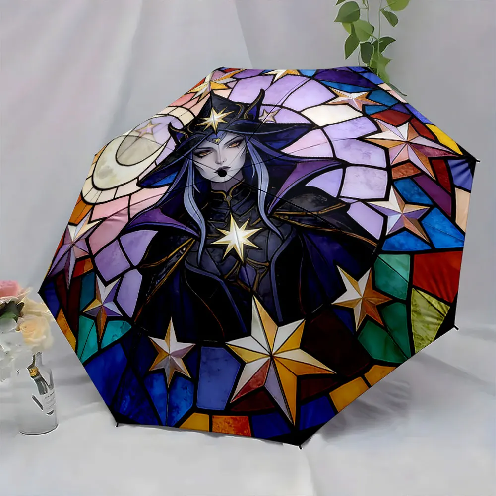 1PC Enchanting Wizardry: Stained Glass Umbrella Design Print 8 Iron Ribs Folding Umbrella Auto-Open Fashion Sunshade