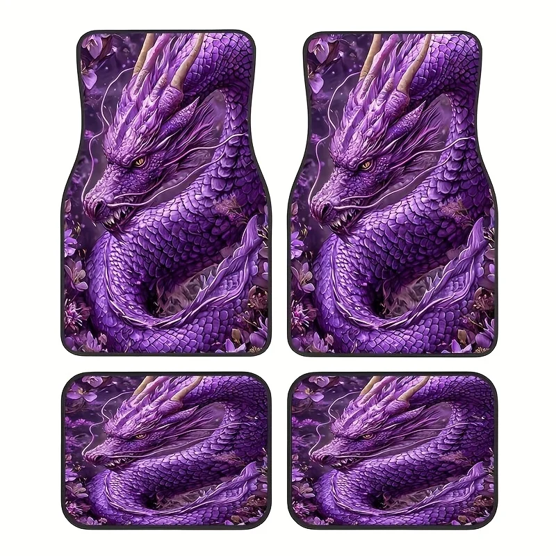 

4pcs Purple Dragon Pattern Car Floor Mats - Non-Slip, Easy To Clean, Pet-Friendly, Synthetic Rubber Material, Ideal For Vehicle