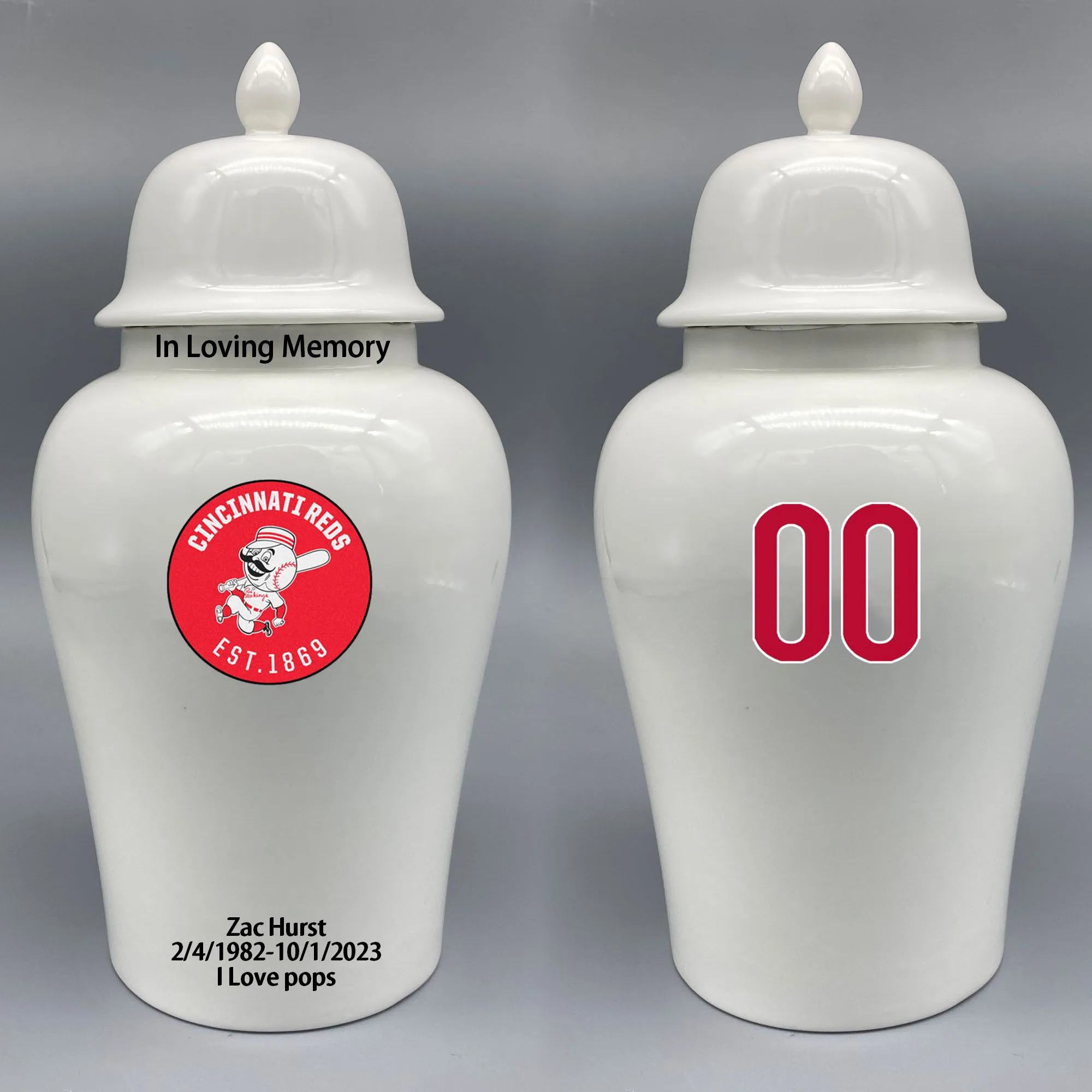 

Large Urn for Cincinnati Reds-themed Logo Urn.Please send me the customize information-name/date and number on the urn