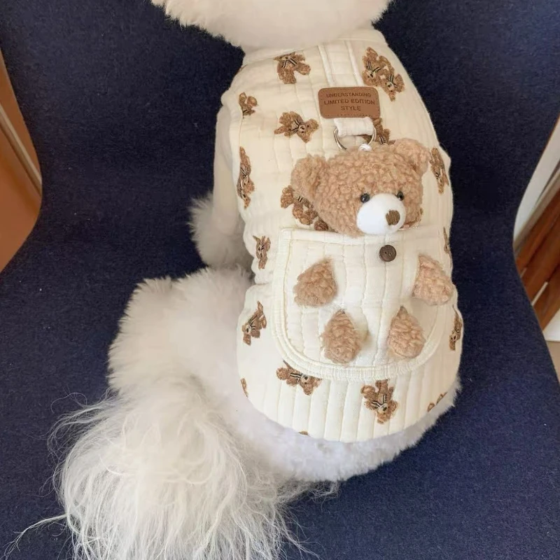 Quilted Cotton Tank Top Cute Teddy Pocket Little Bear Printed, Chest Back, Pet Dog, Cat, Warm, Autumn and Winter Clothing, New,