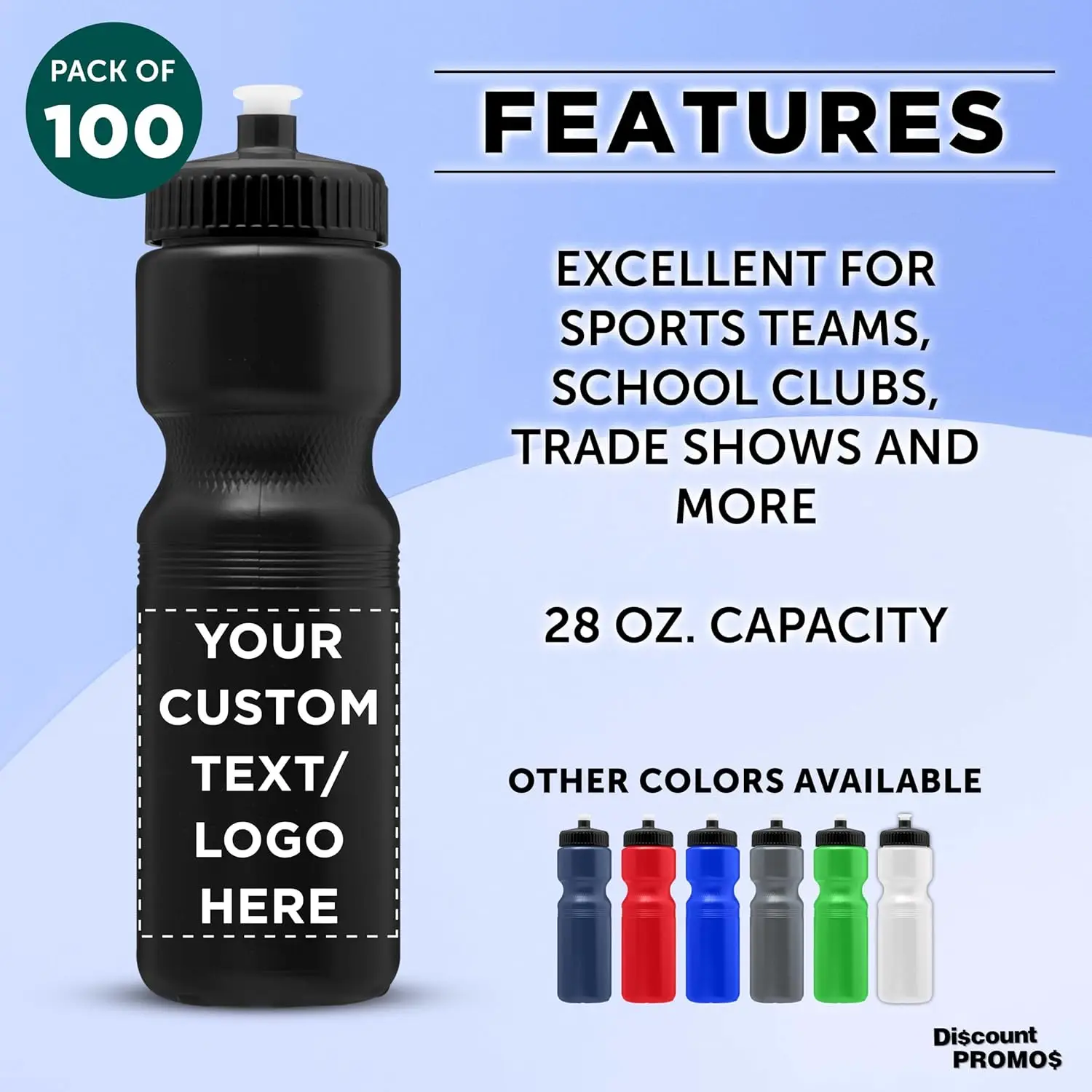 PROMOS 28 oz. Custom Push Cap Plastic Water Bottles Set of 100, Personalized Bulk Pack - Perfect for Gym, Hiking, Camping, Outdo