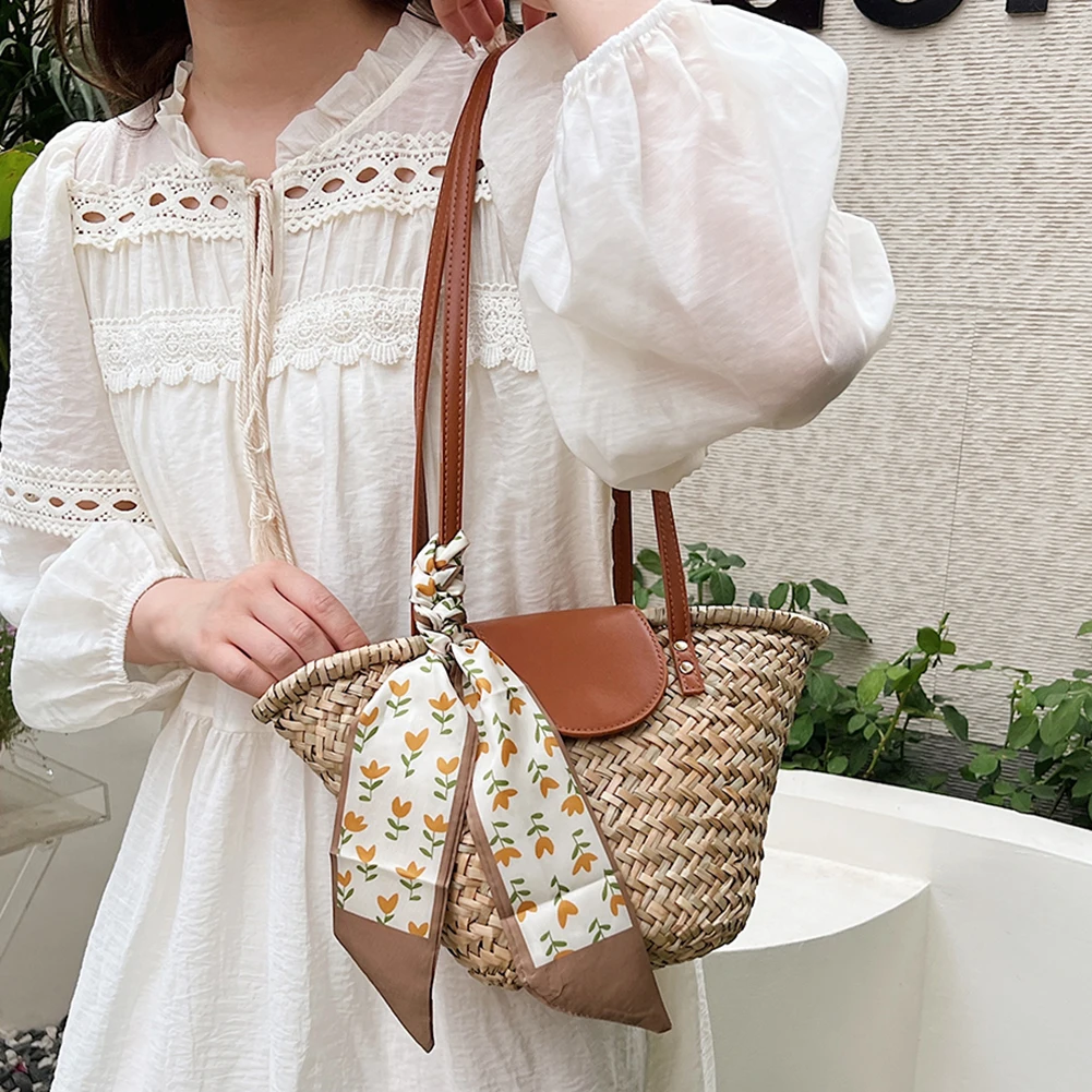 

Women Straw Woven Tote Bag Summer Beach Bags with Ribbon Fashion Woven Handbag Weaving Shoulder Bag for Outdoor Travel