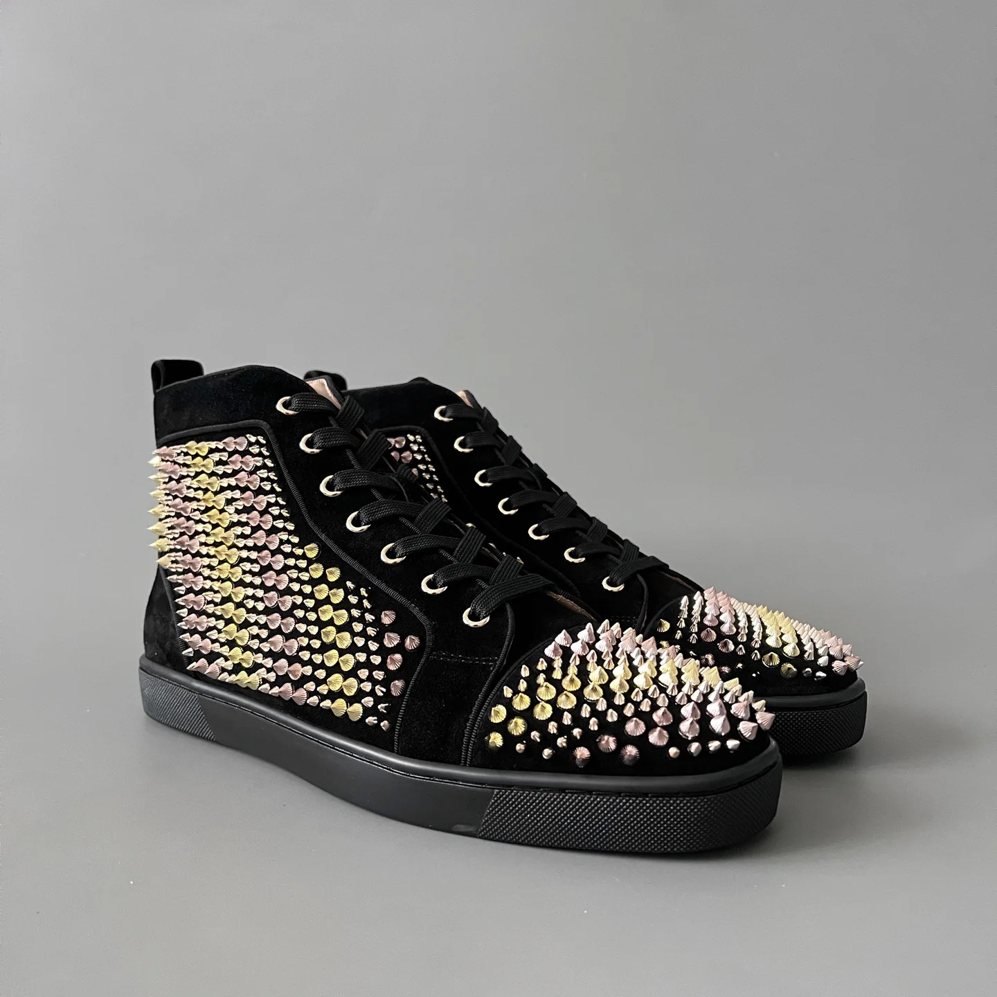 Luxury Men's High Top Black Suede Genuine Leather Leopard Spikes Lace Up Loafers Premium Red Bottom Classic Casual Boat Shoes