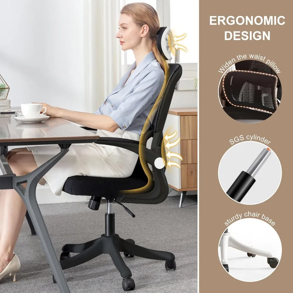 Ergonomic Comfort Home Desk Chair Adjustable High Back Mesh Chair Lumbar Support Computer Chair with Flip-Up Arms