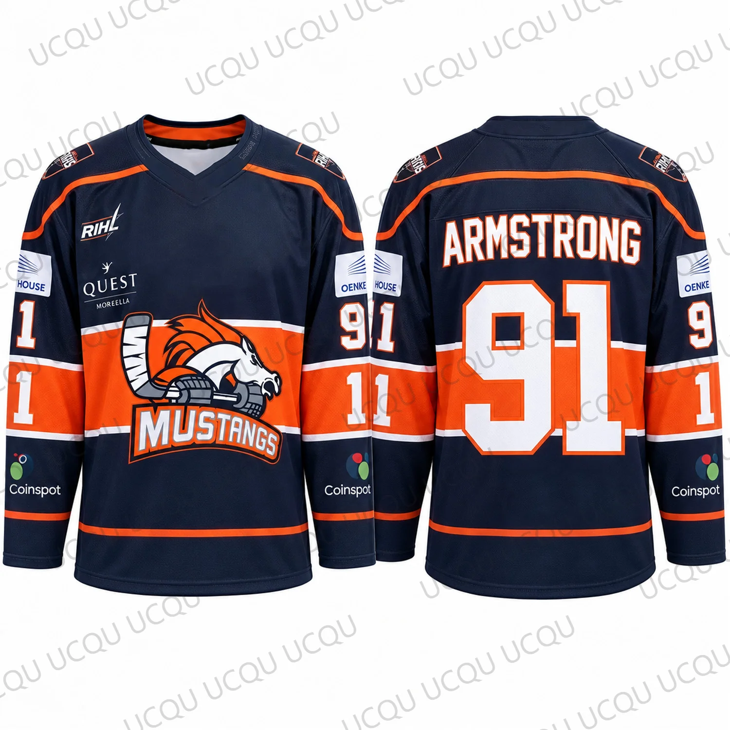 Melbourne Mustangs Armstrong 91 Ice Hockey Jersey Navy Orange Long Sleeve Fan Shirt Men Women Sportswear Streetwear Top