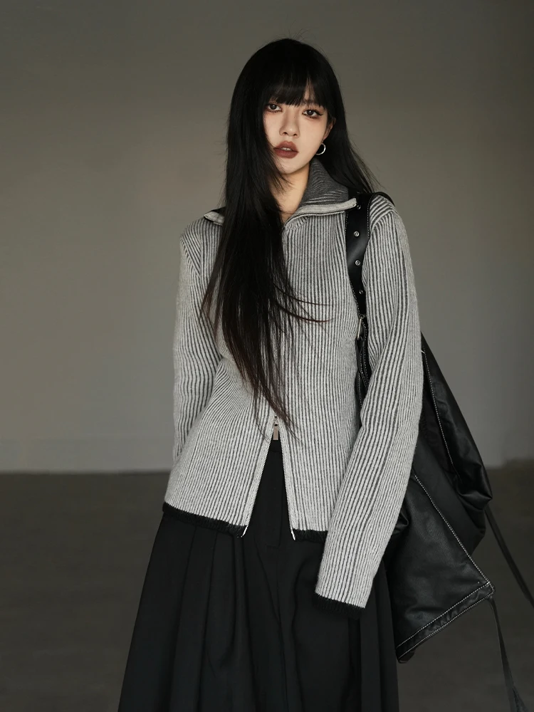 

Slim Fit Zipper Knitted Sweater Coat Women's Autumn Winter Faion Straight Cut Sle Long Sve Stand Collar Striped Open C...