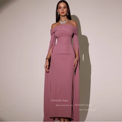 Modern Dusty Rose Saudi Arabic Women Evening Dresses Off Shoulder Flare Long Sleeves Silk Satin Dubai Formal Party Prom Gowns