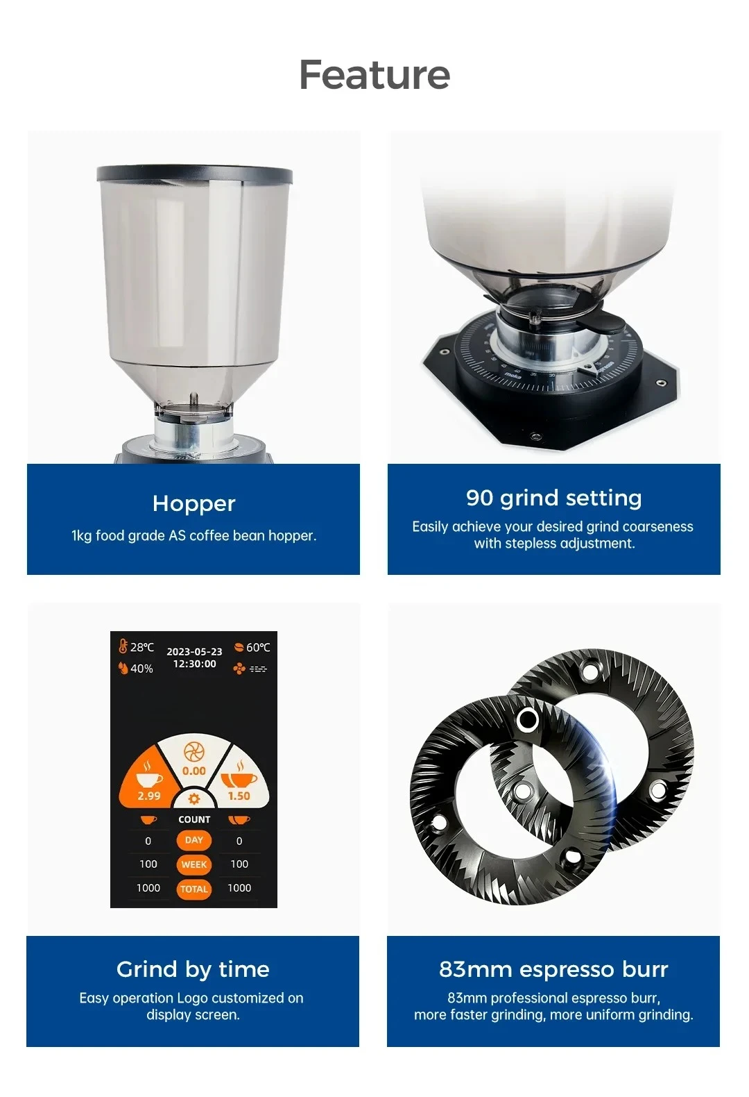 ماكينة اسبريسو كهربائية معتمدة من ZF83 CE، مطحنة قهوة أوتوماتيكية من الفولاذ المقاوم للصدأ تستخدم للفنادق