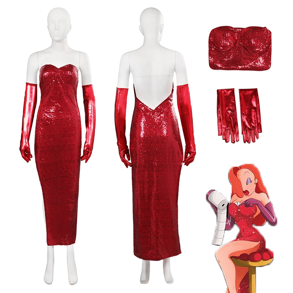 

Jessica Cosplay Fantasy Sexy Sequin Red Party Dress Cartoon Framed Rabbit Roleplay Costume Adult Women Helloween Disguise Suit