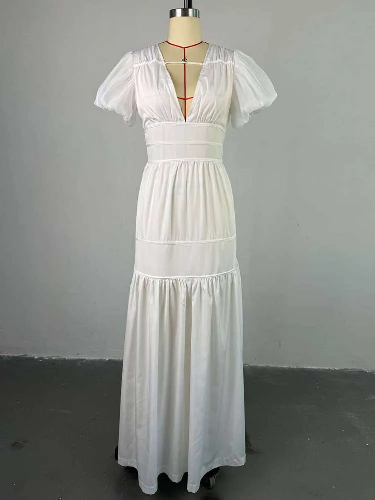 Women White Summer Dress High Waist Fitting  Dresses with Puff Sleeves Chic Pleated Slim Long Dress New Wholesale Dropshipping