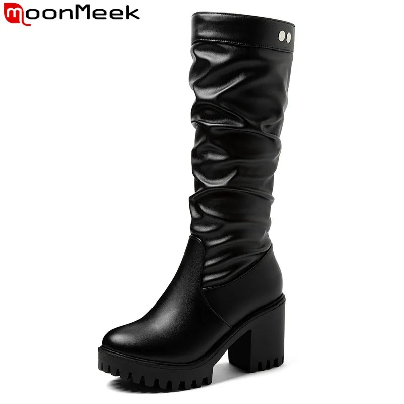 

MoonMeek 2023 Size 34-43 New Round Toe Pleated Pu Autumn Boots Thick High Heels Platform Shoes Ladies Slip On Knee High Boots