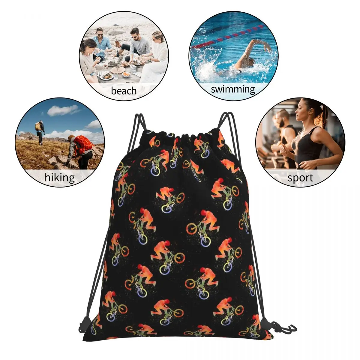 BMX Watercolor On Black Backpacks Fashion Drawstring Bags Drawstring Bundle Pocket Storage Bag Book Bags For Man Woman School