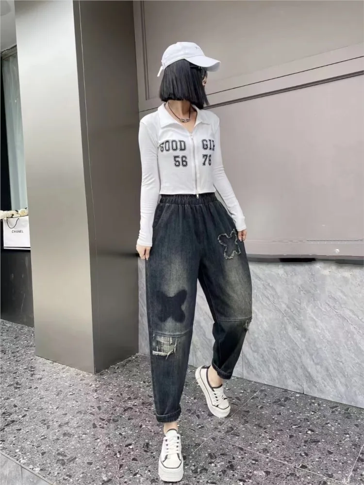 Jeans Herbst Übergroßen Harem Hose Frauen Retro Modis Elastische Hohe Taille Damen Hosen Stern Stickerei Frau Lose Gefaltete Hosen