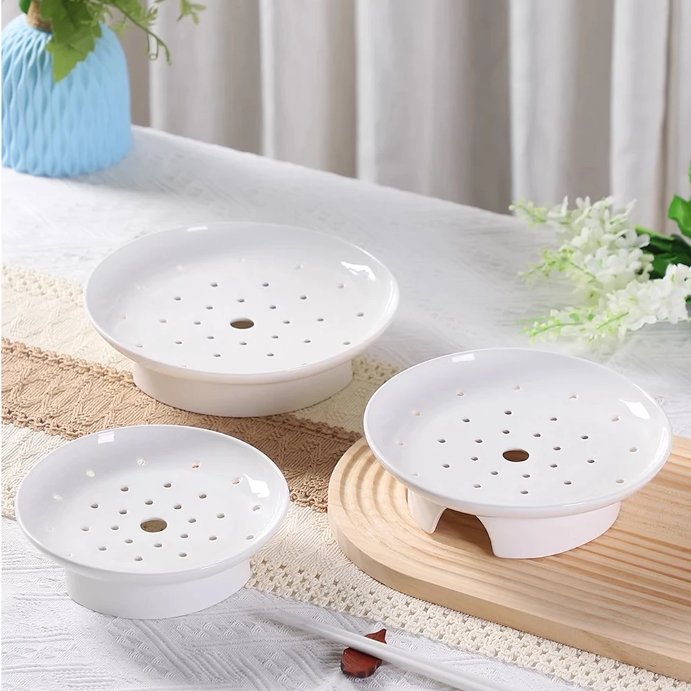 High-legged Ceramic Hollow Porous Steamer Jiaozi Steamed Stuffed Bun Seafood Drain Round Creative Small Hole Steamer Cookware