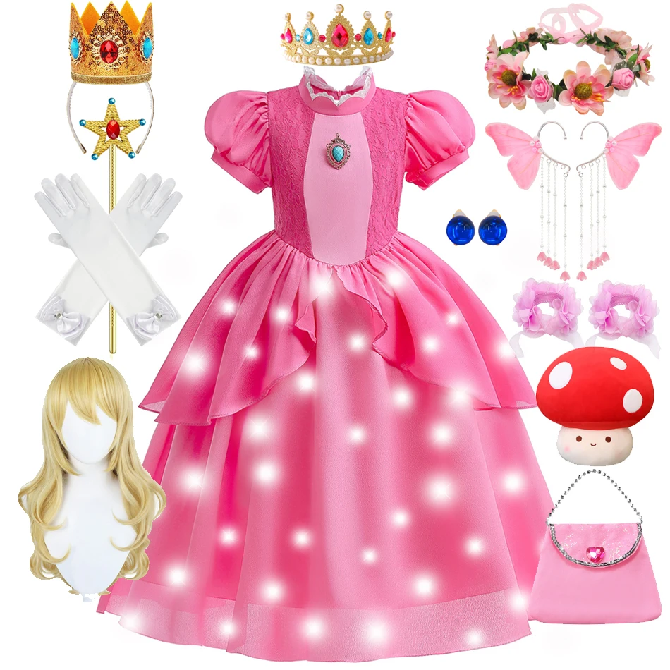 Girls Princess Dress Peach Cosplay Costume Children Halloween Christmas LED Light Disguise Kids Pink Birthday New Vestidos Party