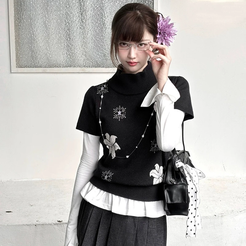 

MEXZT Vintage Print Sweater Women Japanese Harajuku Black Knitted Pullovers Y2K Short Sleeve Knitwears Winter Design Jumpers New