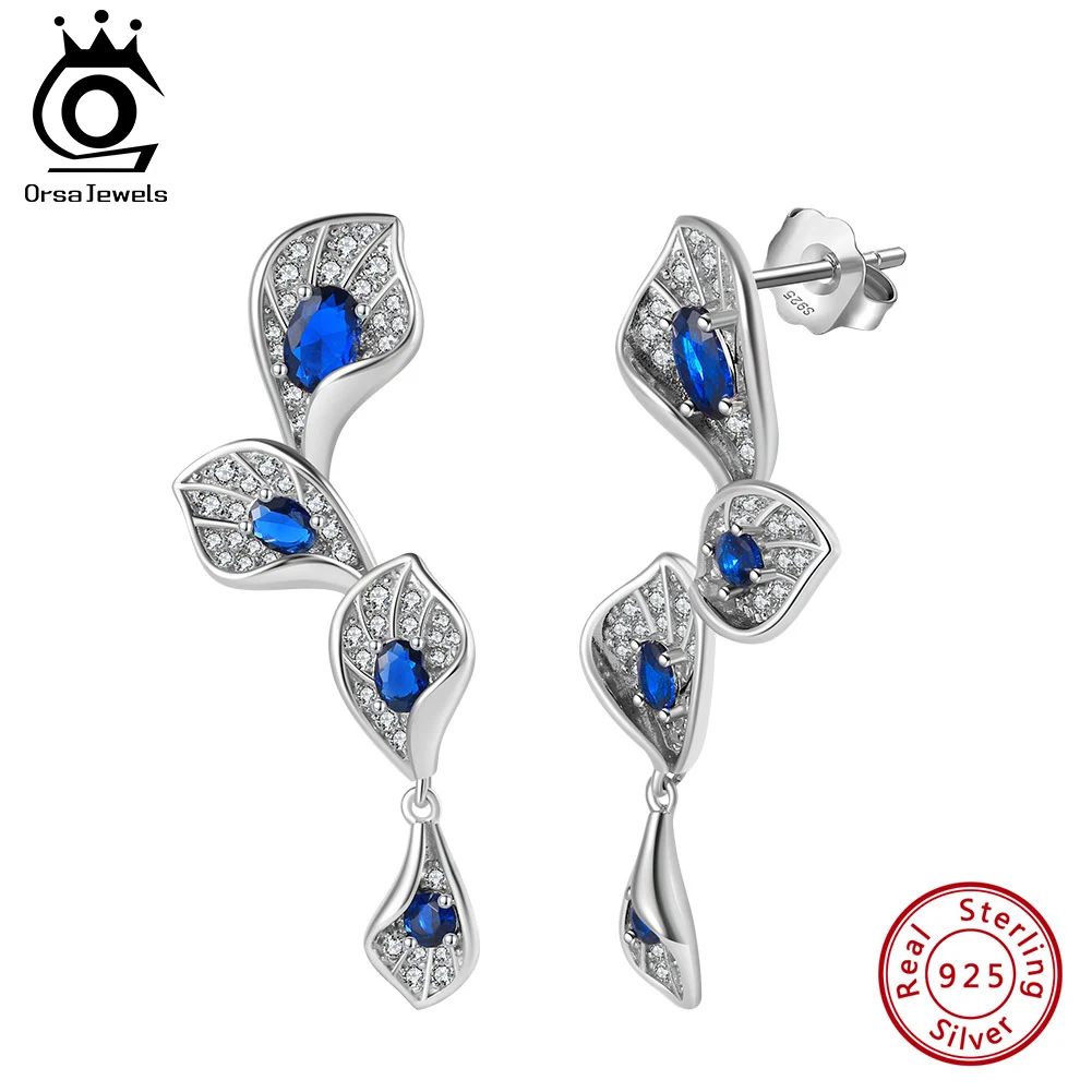 

ORSA JEWELS 925 Sterling Silver Created Sapphire Stud Earrings with 5A Clear CZ for Women Rhodium Ear Stud Fine Jewelry LZE38