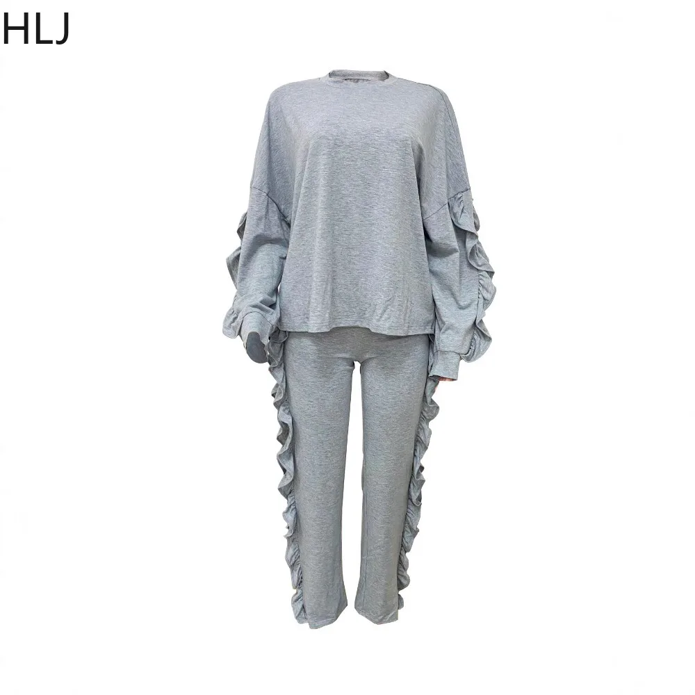 HLJ décontracté froncé Patchwork moulante 2 pièces ensemble pour femme tenues couleur unie à manches longues haut et pantalon femme Streetwear nouveau