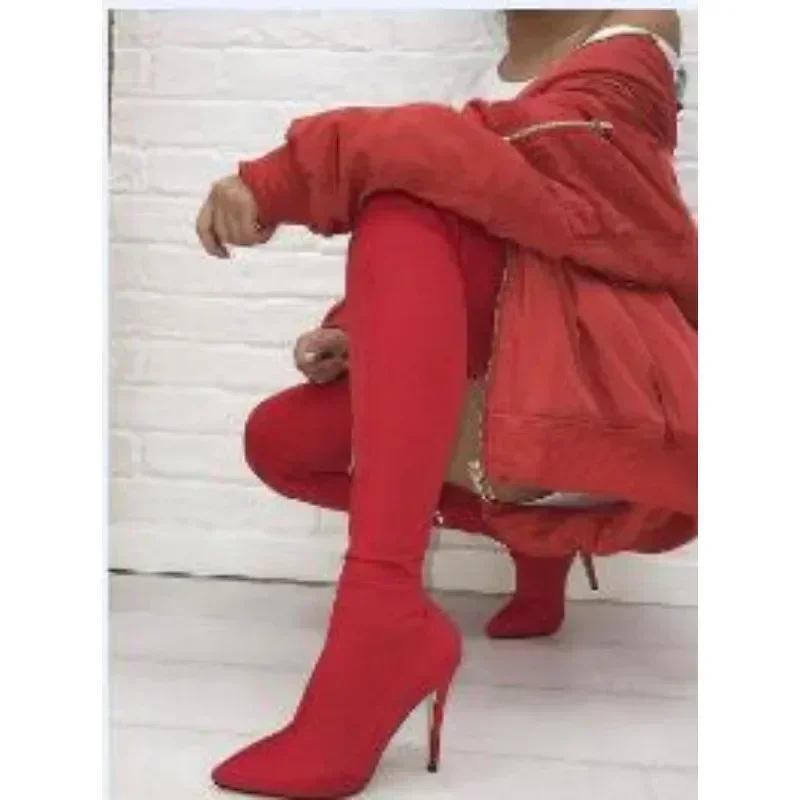Black Fashion Over the Elastic Knee Boot Cover Heel High Heels 10CM Thin Heels Side zipper Women Shoe Zapatos Mujer Botas ladies