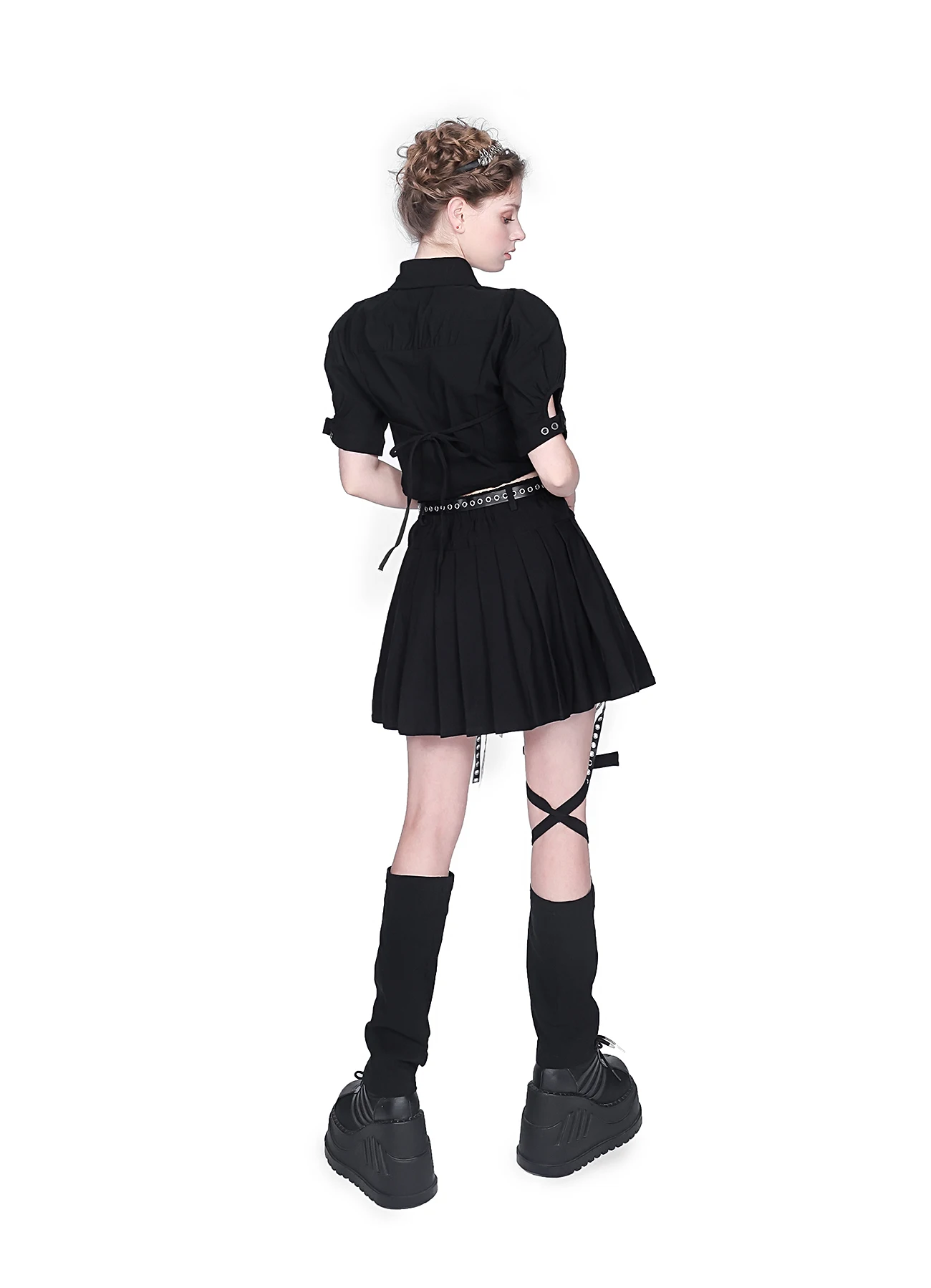 여름 새로운 격자 무늬 짧은 소매 대학 턴 다운 칼라 탑 맞춤형 여자 높은 허리 a 라인 레이스 업 다목적 패션 스커트