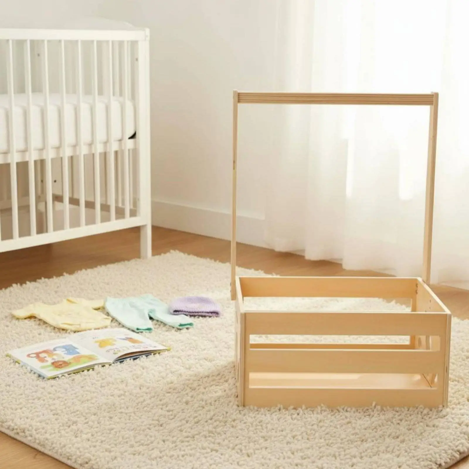Infant Clothes Storage Rack Basket Wooden with Lower Bin for Diapers Bibs and Toys