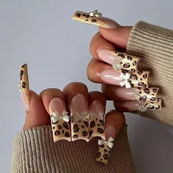 Leopard Print Design Unhas Postiças com Arco, Strass, Long Square, Pressione em Unhas, Ballet Francês Dicas de Unhas Falsas, 24pcs