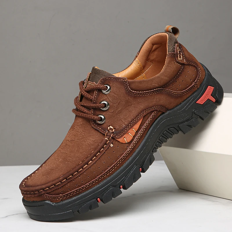 Spring/summer new slip-on men's breathable casual shoes with a toe layer of cowhide sports dad shoes outdoor walking shoes