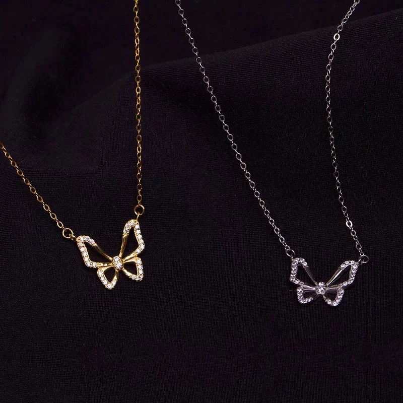 Real 925 Sterling Silver Zircon Hollow Butterfly Pendant Necklace For Charm Women Cute Fine Jewelry Light Luxury Accessories