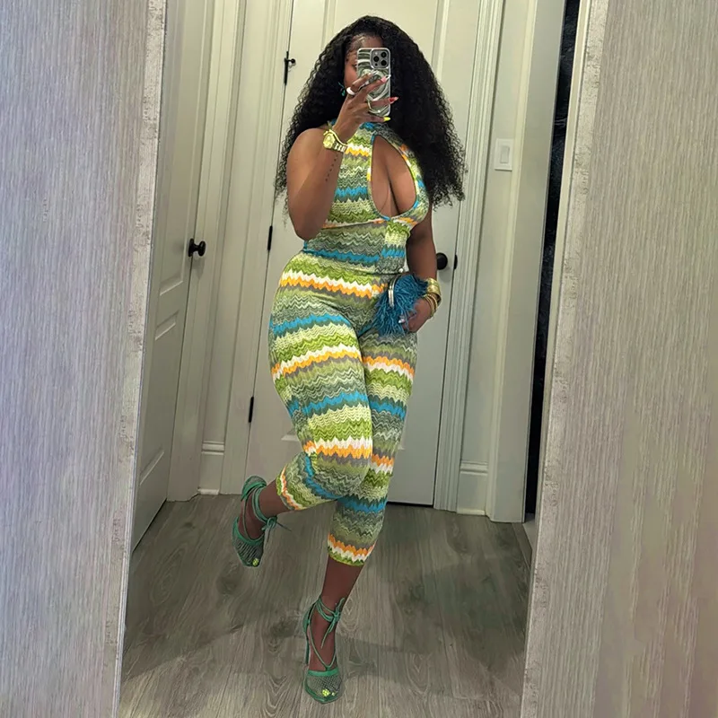

Women Fashion Colorful Wave Stripes Print Skinny Calf Length Jumpsuits Hollow Out O-neck Sleeveless Backless Slim Overalls