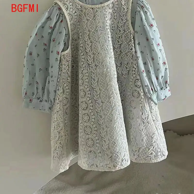 Korean Children\'s Clothing Girl Set Spring New Children\'s Floral Long Sleeved Flower Princess Dress + Beige Vest Dress 2 Pcs Set