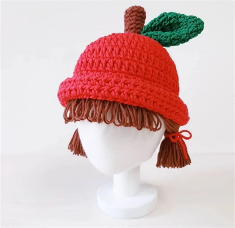 Cute Apple Shape Baby Girl Bucket Hat Cosplay Hair Braid Wig Cap Winter Warm Knitted Children Kids Girls Hats Caps Accessories