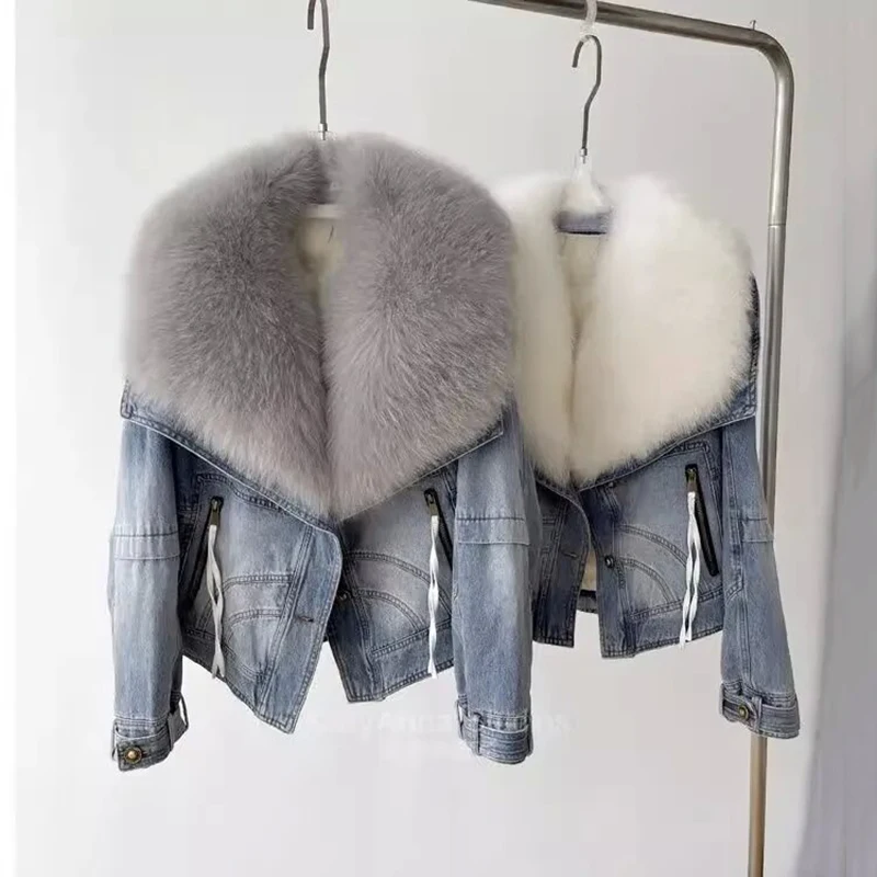 Winter Fur Coat Removable Fur Collar Cotton Jacket New Thickened Short Denim Jacket Fashion Harajuku Parkas Jeans Jacket