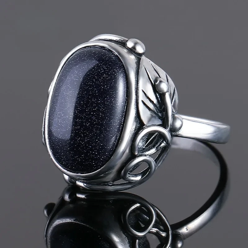 

925 Sterling Silver Ring Big Oval Stones 11x17MM Blue Sandstone Rings for Women Natural Stone Jewelry Gifts Wholesale