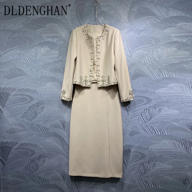 DLDENGHAN Women O-Neck Long Sleeves Diamonds Jacket+Split Long Pencil Skirt Office Lady Two Piece Set  Fashion Autumn New