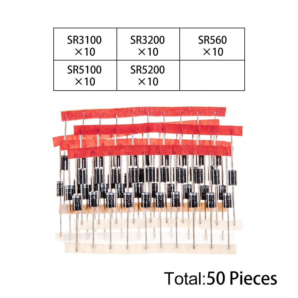 50PCS SR3100 5Values Schottky Diode Kit SR3100/SR3200/SR560/SR5100/SR5200 DO-201AD for Power Rectification SR5200