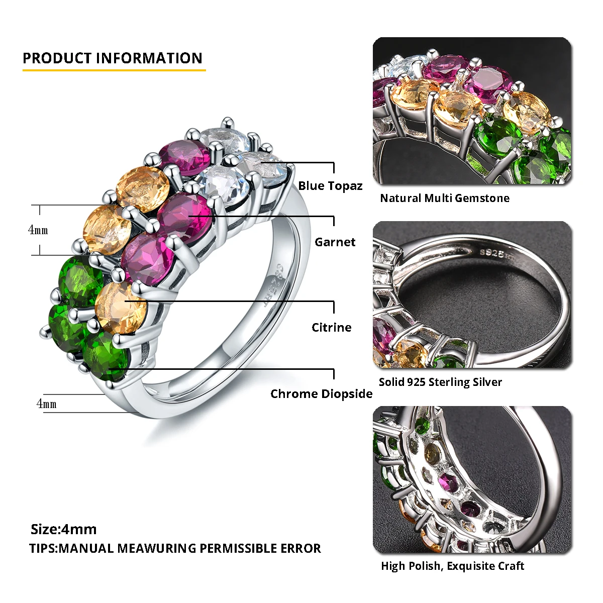 Natural Multi-color Gemstone 925 Sterling Silver Ring 3.45 Carats Genuine Gemstone Birthday Gift Classic Style Fine Jewelry