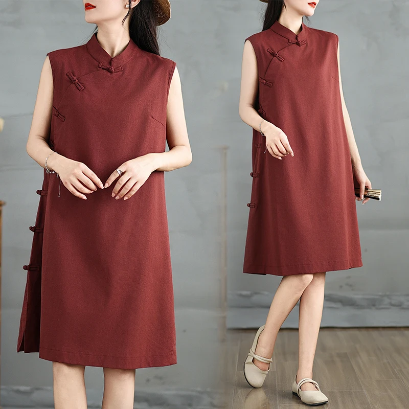 

Summer New plus Size Button up Dr Midi Red Ethnic Sle Side Buttoned Skirt Chinese Traditional Faion Women's ...