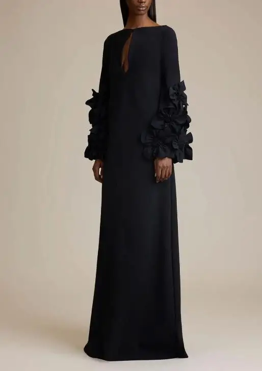 

2025 Autumn/Winter New Women's Fashion Elegant Flower Long Sleeve Solid Color Hollow Dress Women's Wear