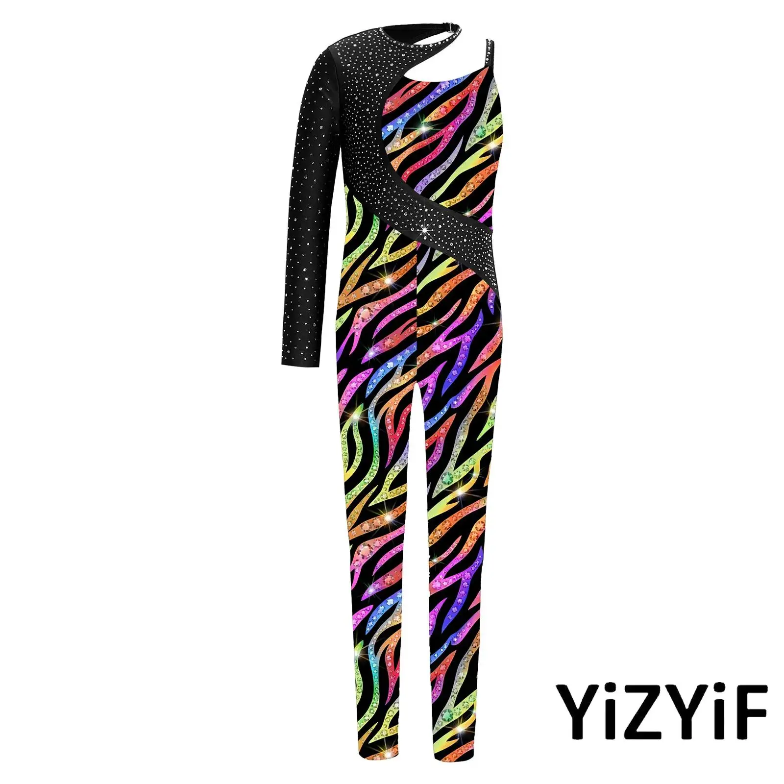 

Комбинезон для джазовых танцев для девочек, блестящий комбинезон с принтом из страз, асимметричный дизайн, комбинезон полной длины для соревнований по гимнастике и выступлений