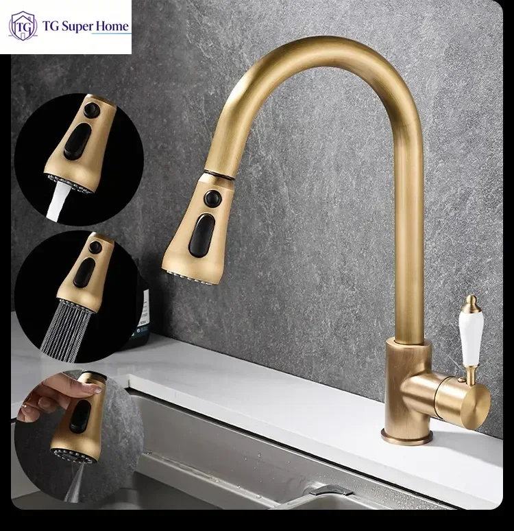 Antique-Style Brass Swivel Pull-Out Kitchen Tap for Sink Basins Vintage-Look Hot and Cold Water Tap