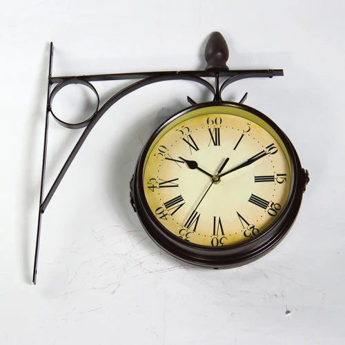 Antique Imitation Iron Double Face Wall Art Clock Decor Metal Hanging Craft Embellishment Accessories for Lobby and Corridor