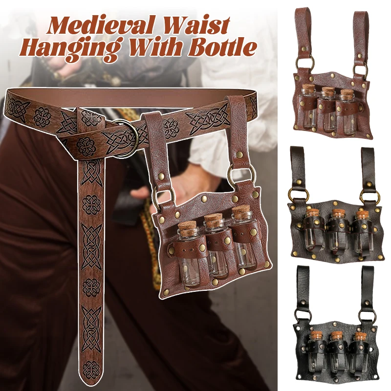 Middeleeuwse Alchemist Heks Dark Magic Toverdrankfles Glazen Flesje Houder Pu Lederen Holster Met 3 Flessen Tovenaar Cosplay Kostuum