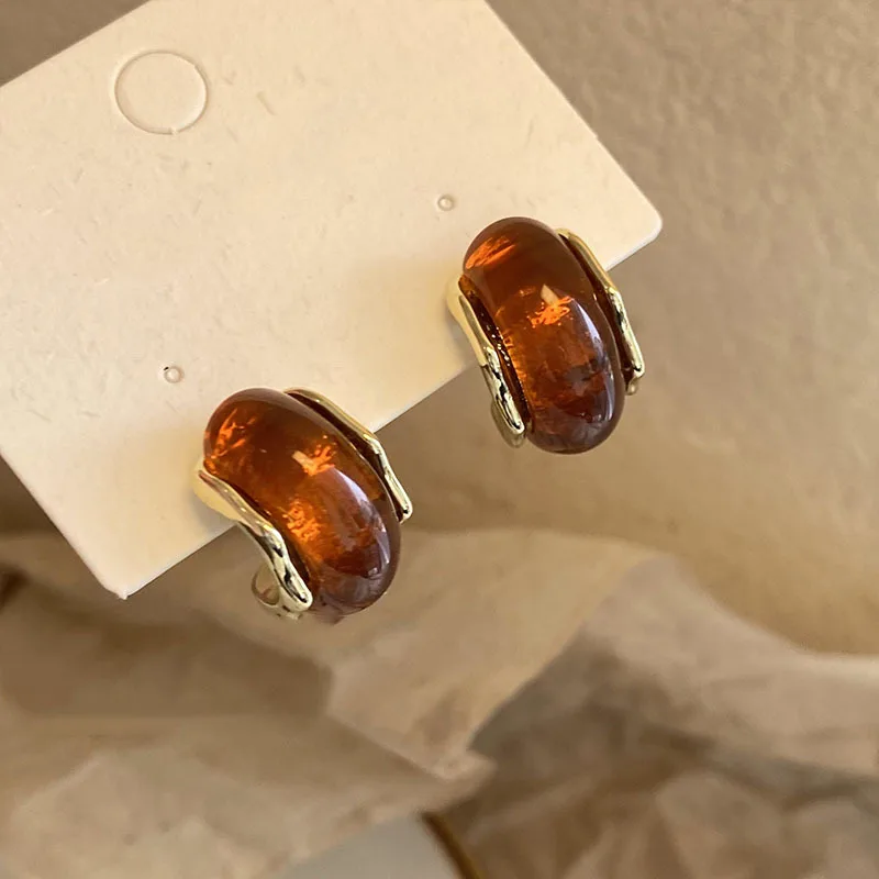 Vintage Brown Resin Square Stud Earrings, Women's Gift