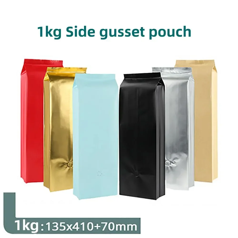 50PCS High Barrier Aluminium Foil Side Gusset Silver Pouch Custom Printed Mylar 1000g Bean Coffee Bag with Degassving Valve