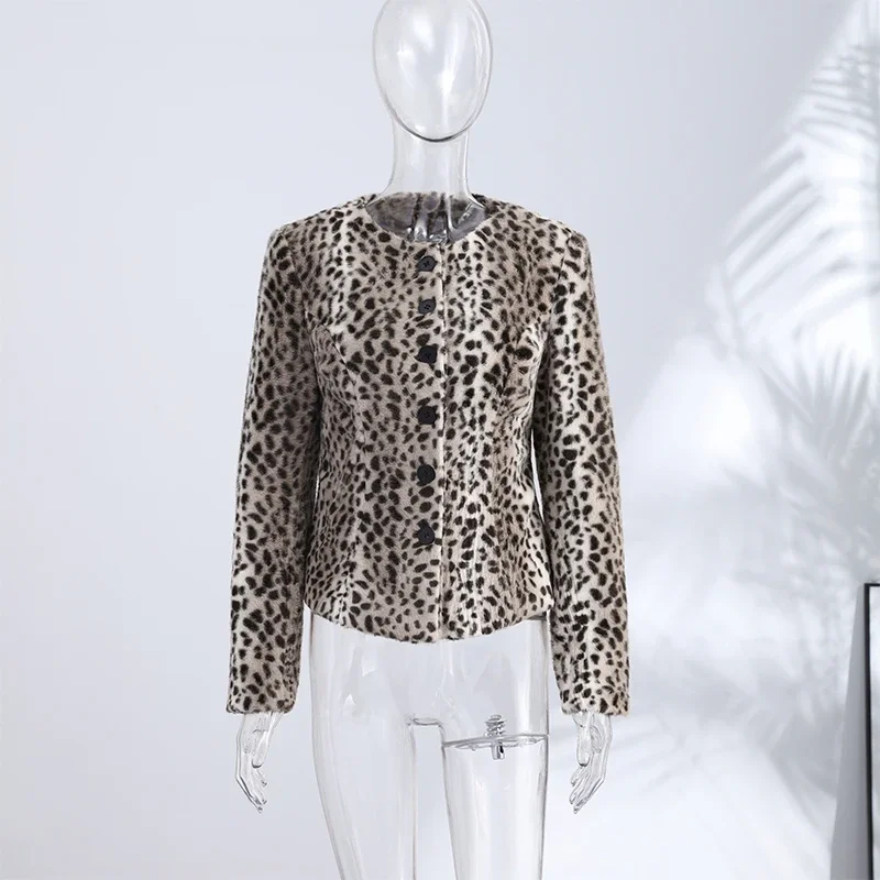 Kunstfell-Leopardenmuster Cropped-Jacke für Damen Rundhals Einreihiger Flauschiger Plüschmantel 2026 Vintage Y2K Oberbekleidung – Detail 1