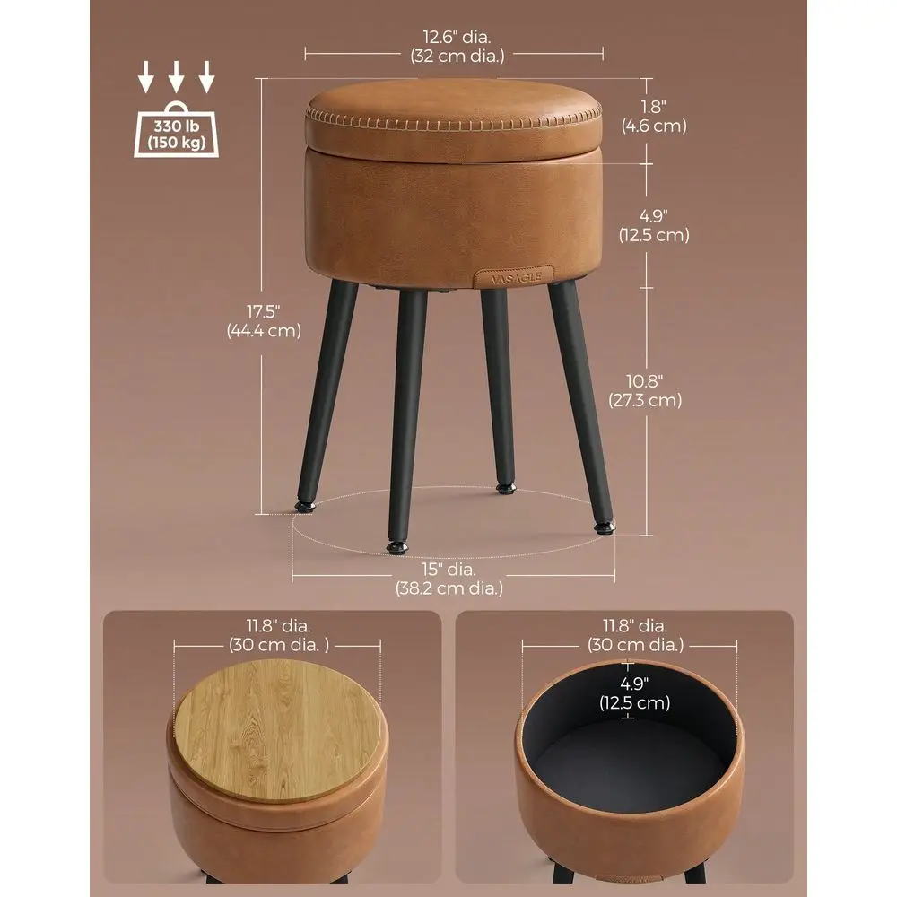 

Storage Ottoman, Vanity Chair Stool, Synthetic Leather With Stitching, MidCentury Modern, Round Storage Seat With Steel Legs, L