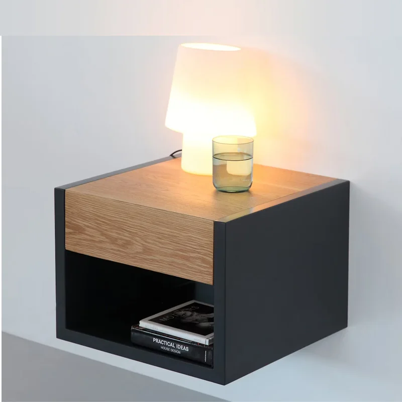 

Solid Wood Space-Saving Bedside Cabinet Nordic Wall-Mounted Nightstand Compact Hanging Drawer Storage Modern Bedroom Furniture